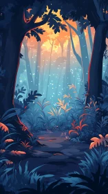 Enchanted Forest Pathway with Luminous Canopy at Dusk