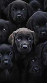Brown puppy stands out amid black Labrador litter