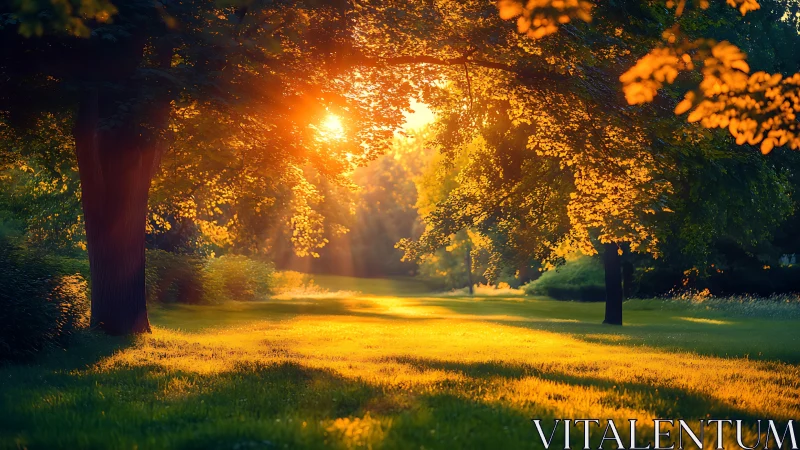 Tranquil sunlit park landscape with golden hour lighting.