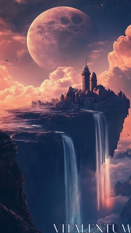 Floating cliff city with waterfalls under huge moon.