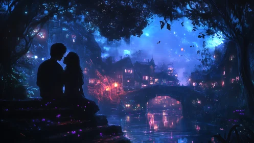 Bioluminescent Cave Silhouettes Over Neon-Lit Dystopian Urban Nocturne