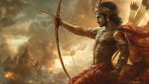 Digital depiction shows archer drawing bow before burning city