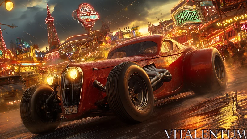 Low-angle wet-street render of red hot rod amid neon carnival rain