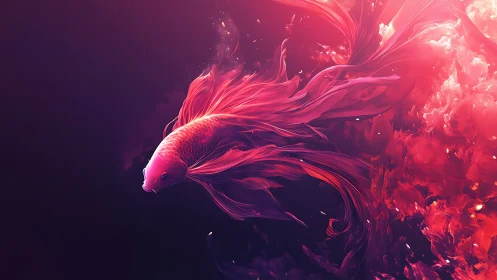 Flaming betta drifts like liquid silk through neon twilight