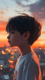 Side-lit child profile against bokeh city sunset skyline