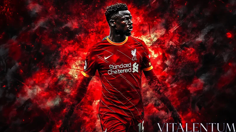 Football player in red kit amid abstract red background.