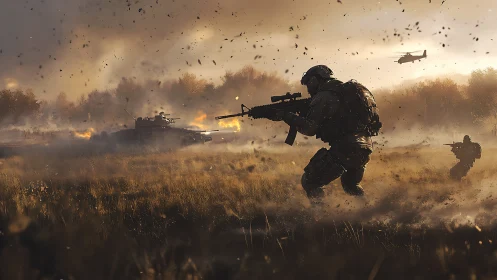 Tactical infantry assault with IFV support in dusk battlefield