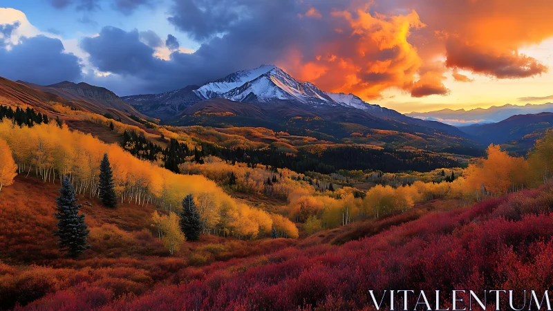 Snowcapped alpine peak over multicolored autumn valley at sunset