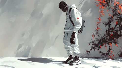Monochrome urban figure in white tracksuit beside red foliage