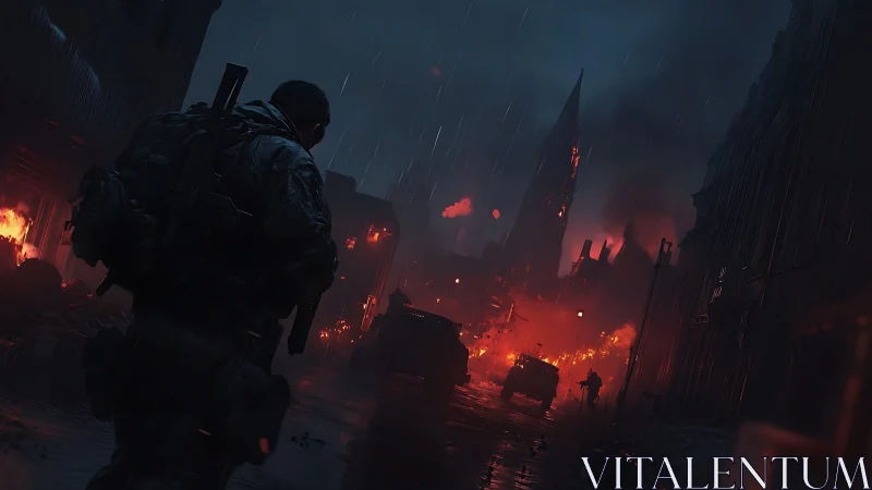 Rain-soaked soldier stalks a burning war-torn boulevard at dusk.