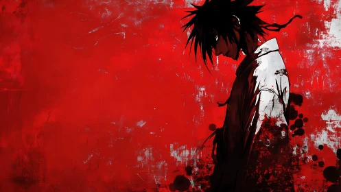 Solitary anime figure in blood-red abstract urban void.