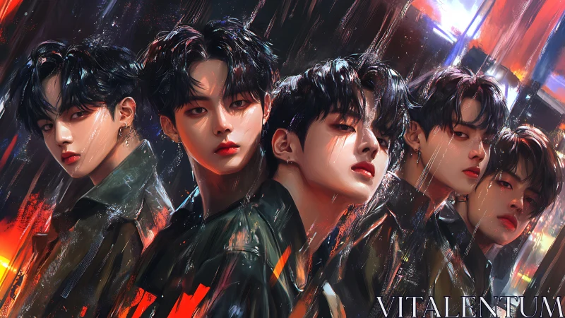 Neon storm of mirrored boys in motion and quiet fire.