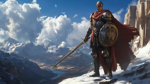 Armored warrior surveys snowy mountain valley from cliff edge