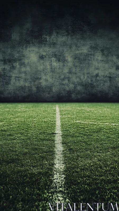Straight sideline on green sports field under dark sky.