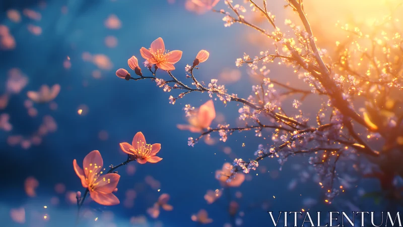 Flowering branches displaying golden orange blooms against blue atmospheric conditions.