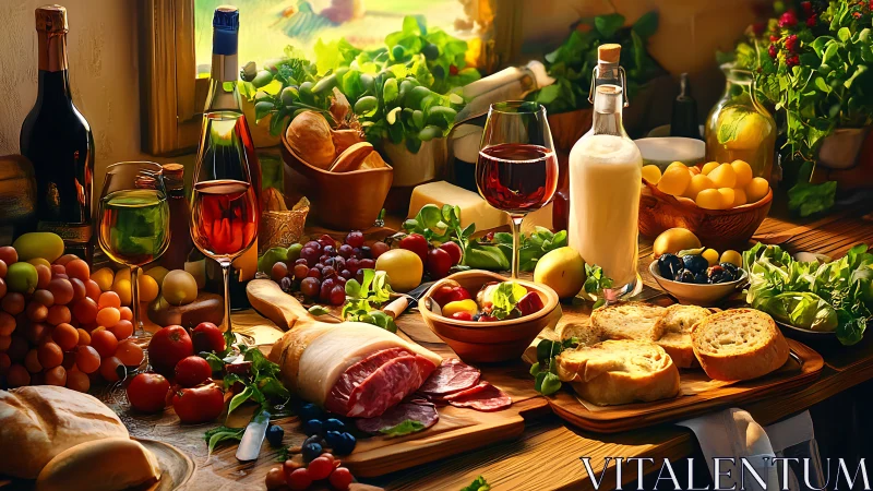 Rustic Mediterranean feast arranged on sunlit farmhouse table