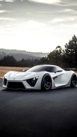 White futuristic supercar parked on open country road.