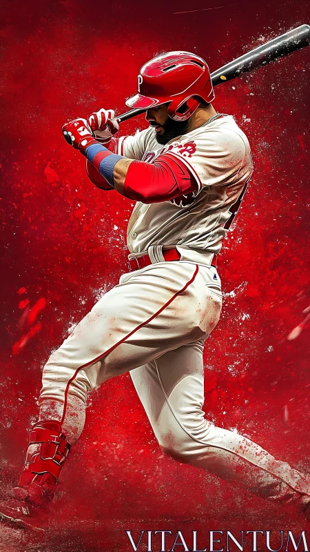 Crimson swing eruption, baseball slugger framed in impact red.