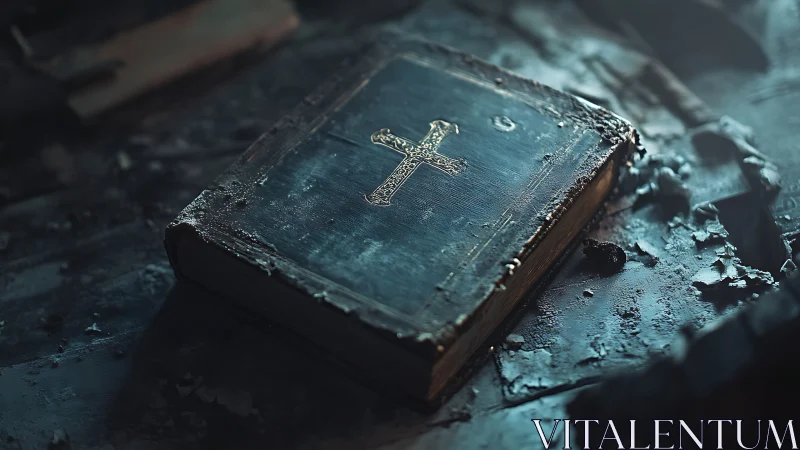 Worn religious book with cross on decayed textured surface.