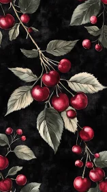 Red cherry branches on dark textured botanical background.
