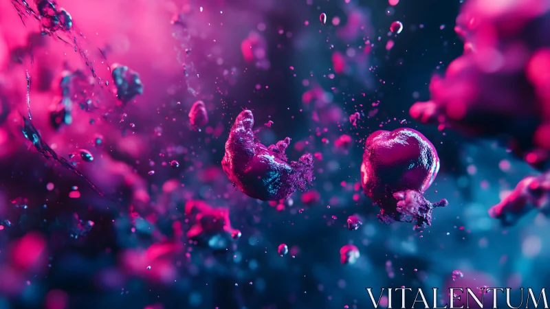 Abstract macro of splashing berries in vivid neon pink and blue.