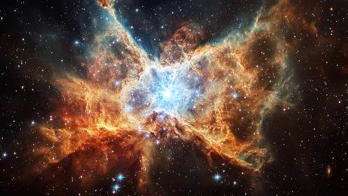 Stellar stormburst in vivid blue and copper nebular clouds.