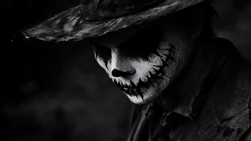 Grinning shadow in cracked paint smiles through the darkness