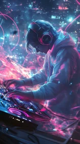 Neon-lit DJ performer mixing decks in electrified cyber glow.