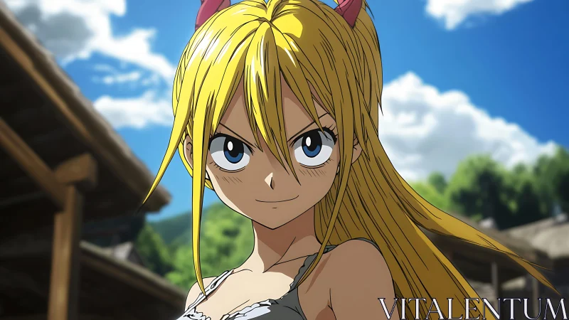 Confident blonde anime heroine smiles under bright summer sky.