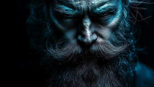 Storm-eyed elder forged in blue steel shadows.