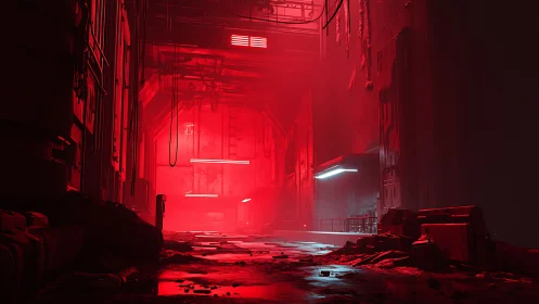 Spectral red industrial corridor with volumetric fog rendering.