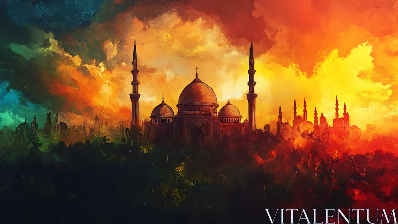 Sunlit domed mosque skyline under blazing painted sky.
