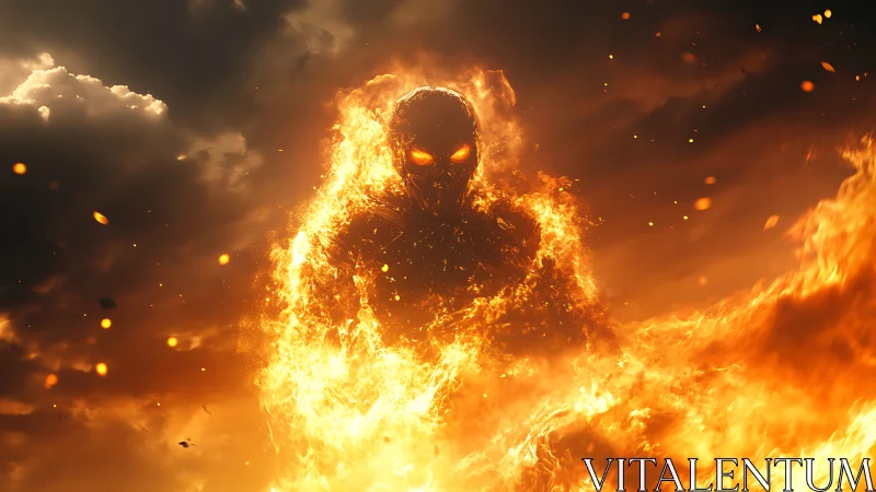 Fiery spectral warrior emerges from blazing inferno sky.