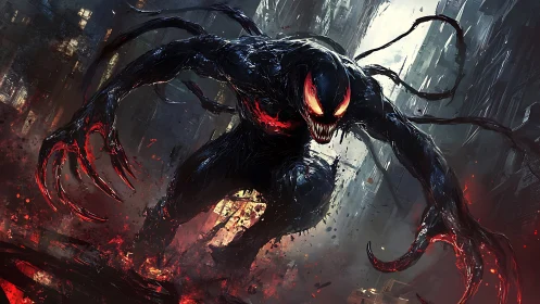 Ferocious dark creature storming a crumbling neon cityscape.