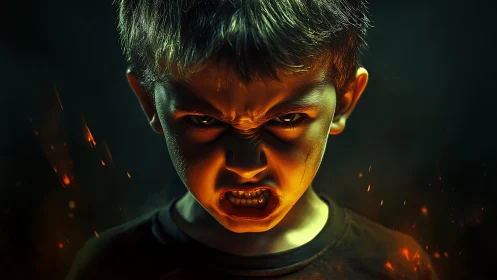 Furious ember-eyed kid roaring through molten shadows.