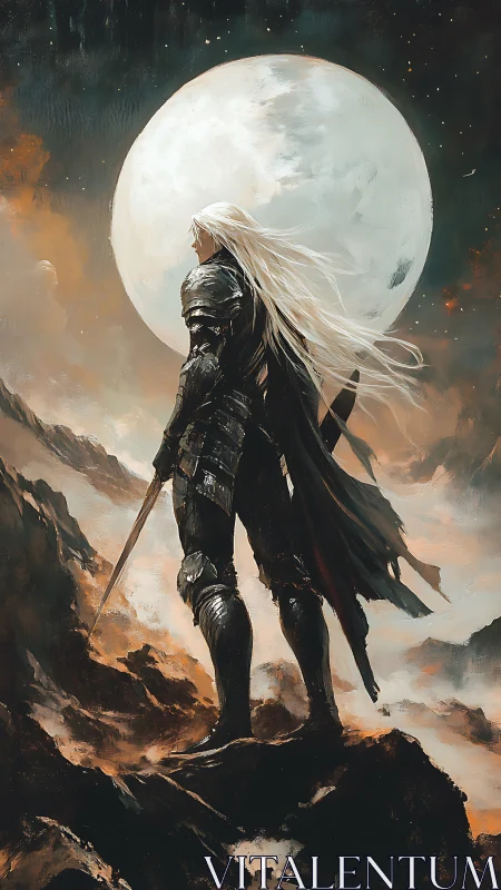 Lone moonlit warrior pausing on rugged cliffs at night.