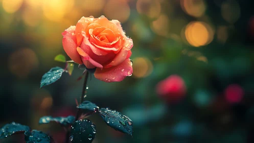 Coral Rose with Dewdrops: Macro Botanical Study.