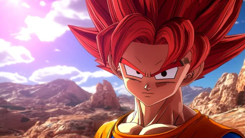 Red-haired anime fighter stands in rocky desert landscape