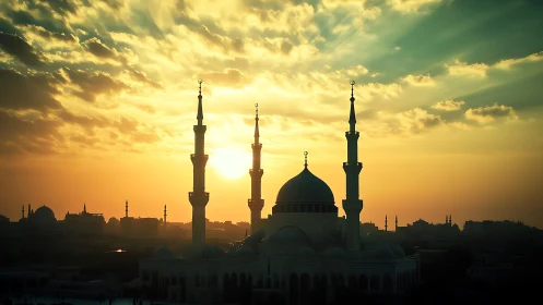 Sunlit mosque silhouette beneath radiant golden sky.