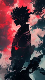 Dark anime silhouette channels crimson storm energy sky.