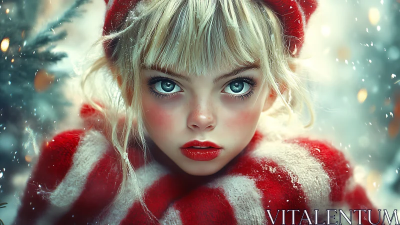 Hyper-detailed winter portrait renders stylized child with oversized eyes