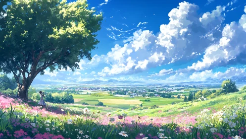 Wide landscape shows hillside flowers, lone figure, and town
