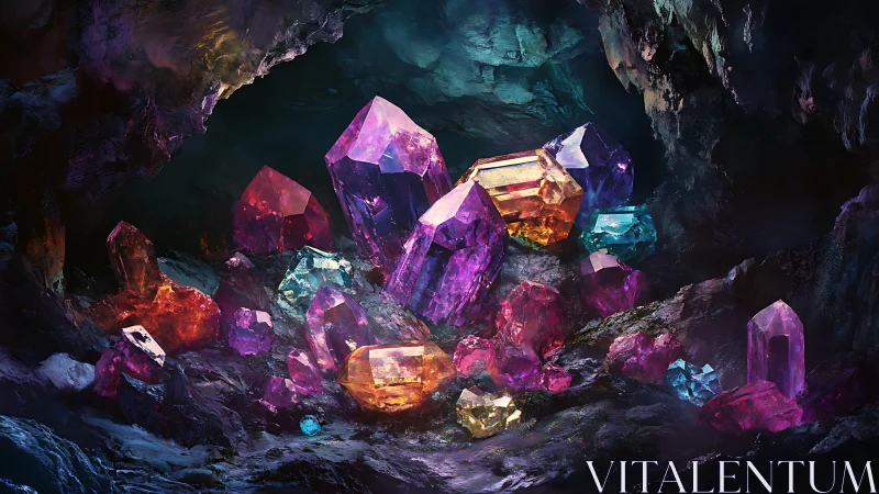 Multicolored crystalline cluster sits inside a dark rocky cave
