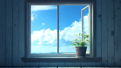 Skylit window cradle for clouds and a quiet potted bloom.