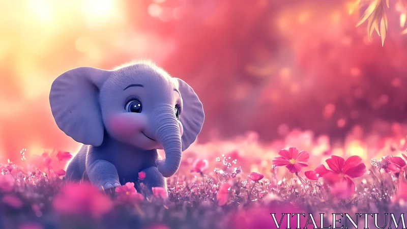 Cute baby elephant in glowing pink flower meadow at dusk.