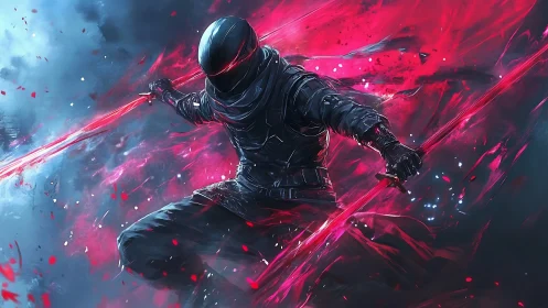 Crimson void ninja cleaves stormlight with twin energy blades.