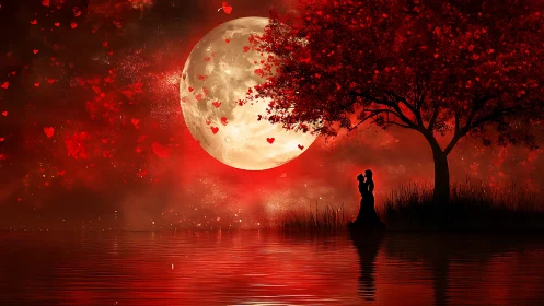 Silhouetted Coupling Beneath Monumental Lunar Sphere in Heart-Patterned Nocturnal Composition.