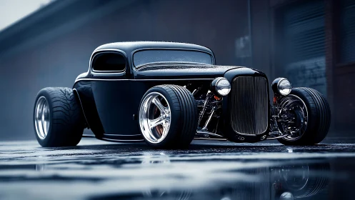 Custom black hot rod coupe with wide tires on wet street.