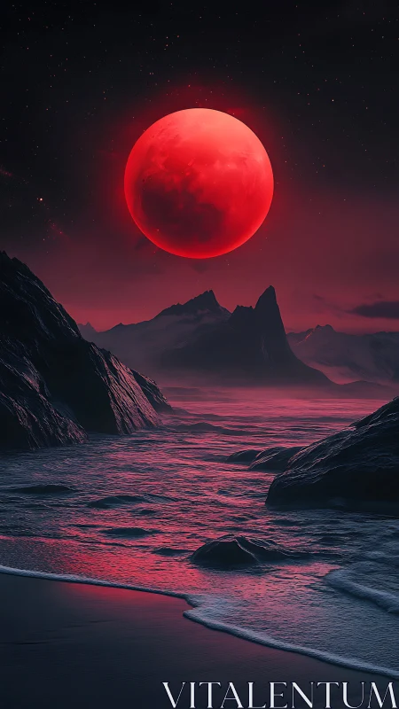 Crimson lunar horizon over obsidian coastal seascape.