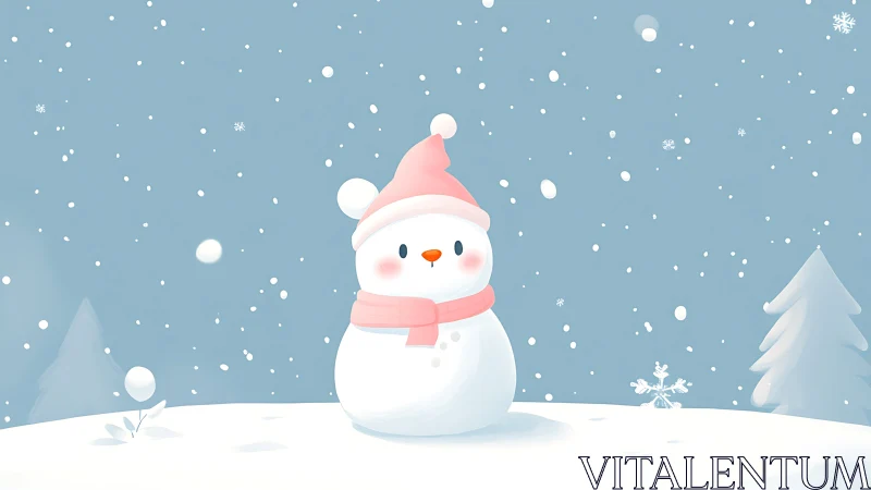 Cute snowman in pink hat under falling winter snow.